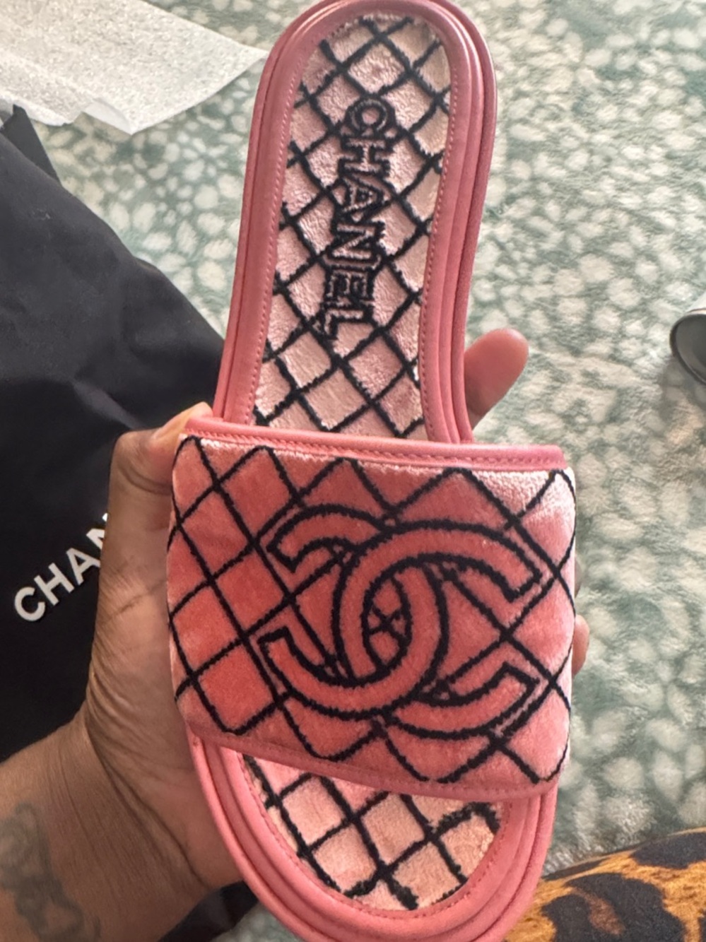 CHANEL Pink Quilted CC Logo Slide Mules